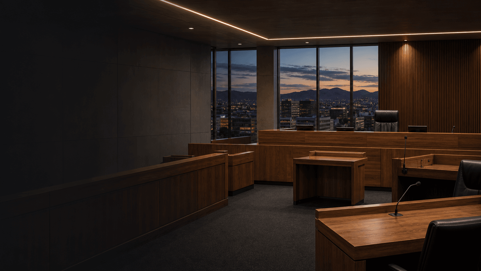 Modern Namibian courtroom and city backdrop